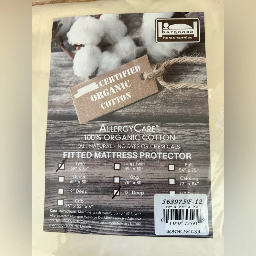 ALLERGY CARE 100% ORGANIC COTTON FITTED MATTRESS PROTECTOR TWIN NEW